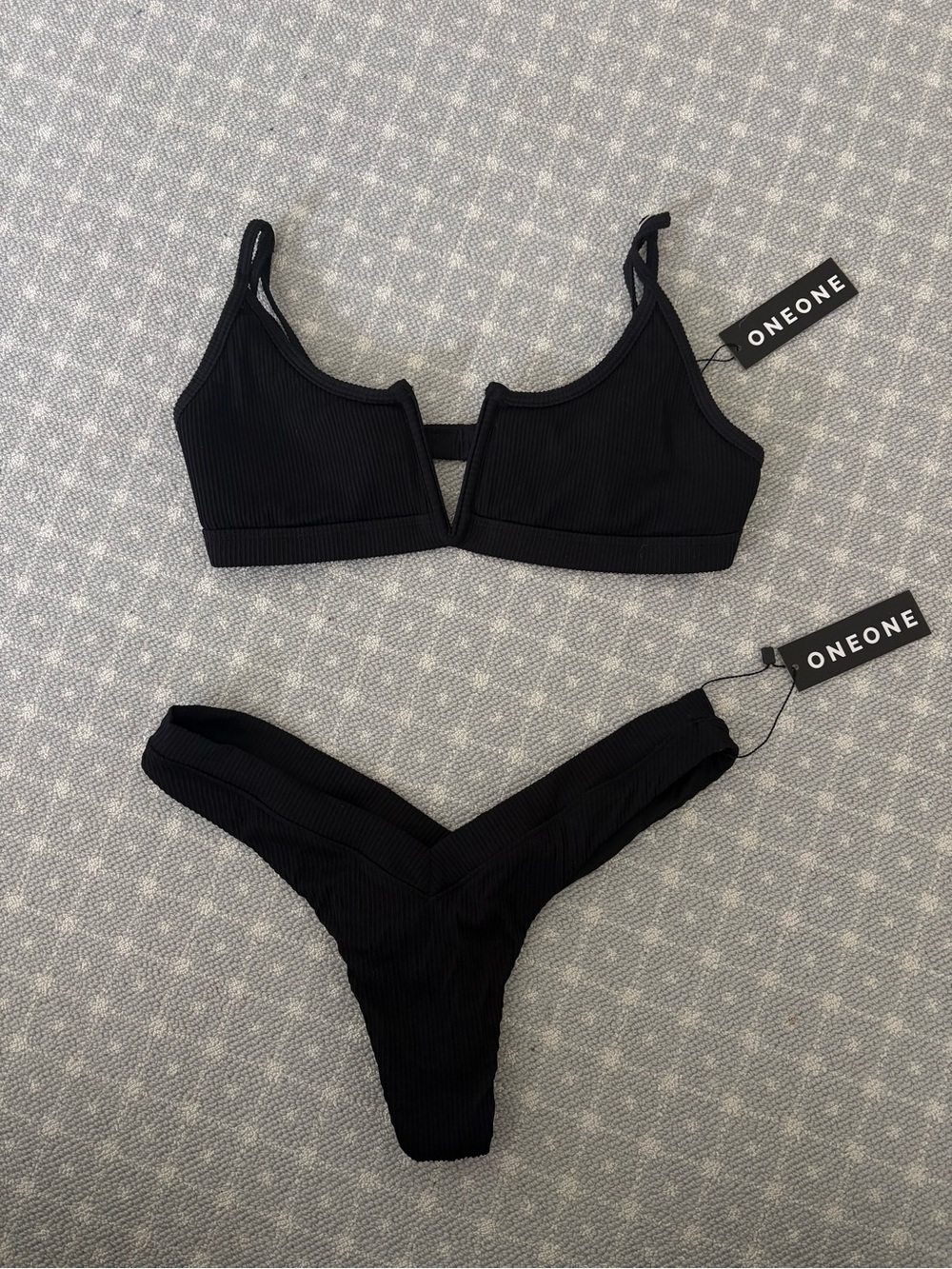 ONEONE Swimwear Jenna Black Ribbed V-Front Bikini Set